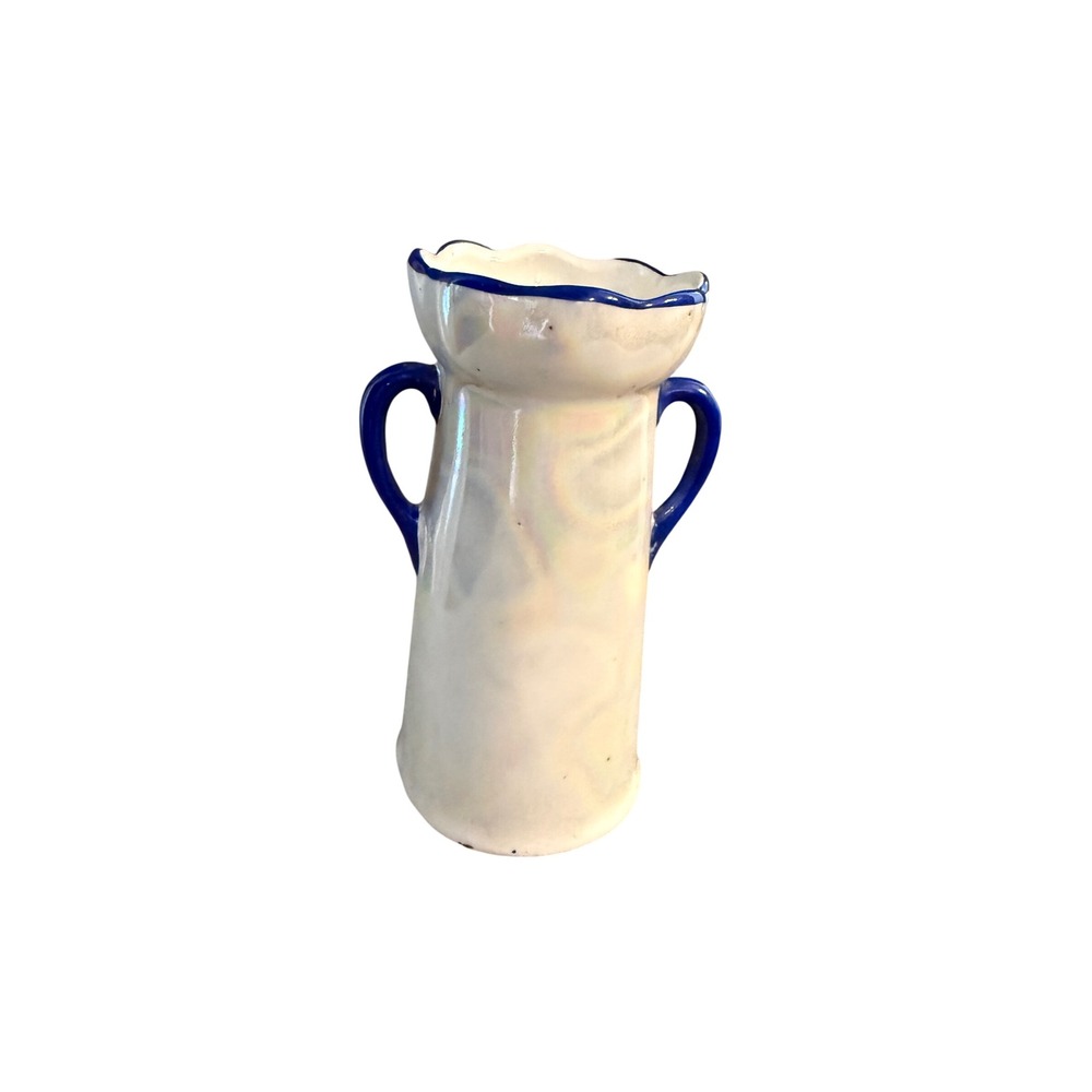 Vintage Lusterware Ceramic Bud Vase Cobalt Blue Trim Scalloped Rim 5.5" Small